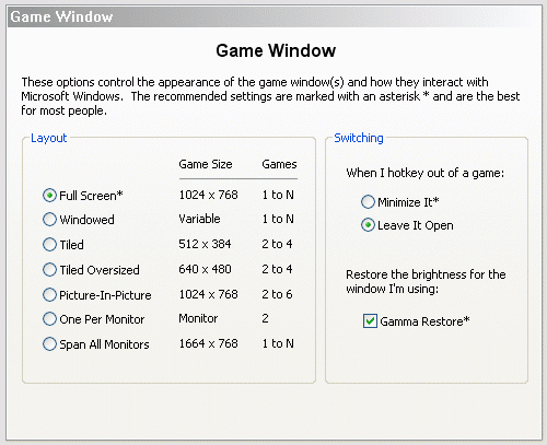 Game Window Options for Switching and Boxing